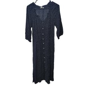 Gap Maxi Black White Polka dots 3/4 Sleeve Button Down V-Neck Dress pockets Md
